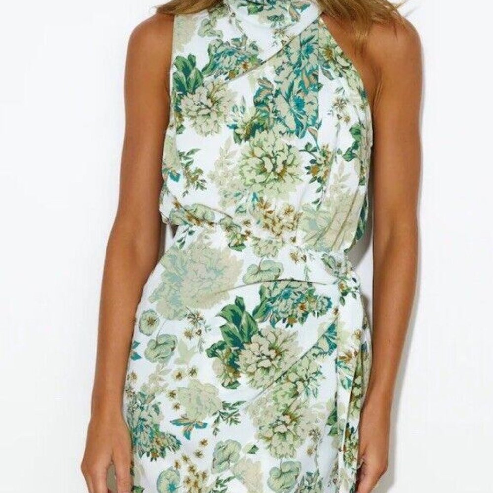 NWT Hello Molly Dress Green & White Floral Mock Tie Dress. Size 6 High Neck $89